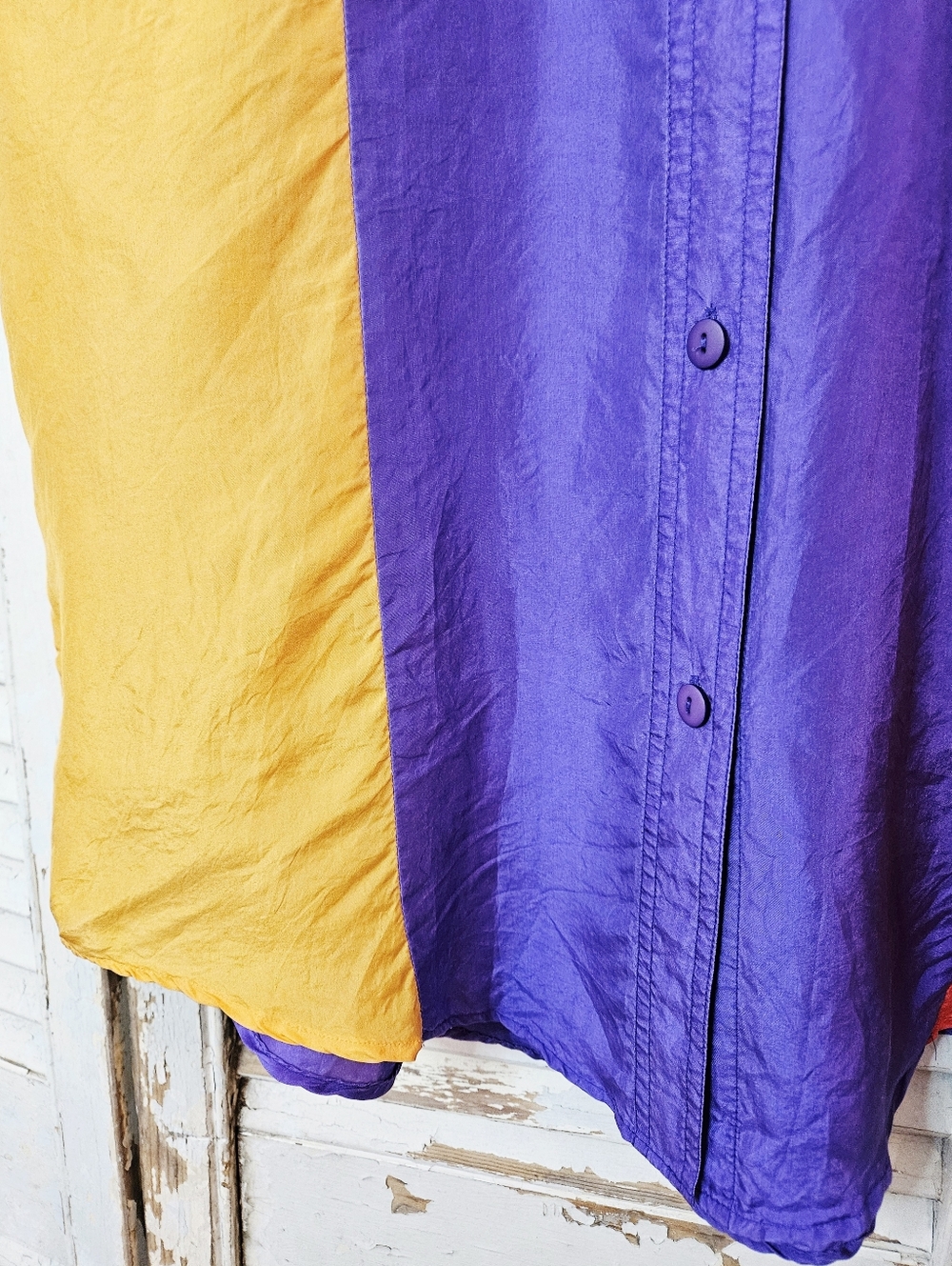 Vintage 90s 100% Silk Colourblock Blouse Red, Purple, Yellow Small *flaws* - Picture 6 of 16